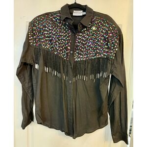 Vintage 1992 Khazana Black Western‎ Shirt Sequin Beaded Fringe L Shoulder Pads